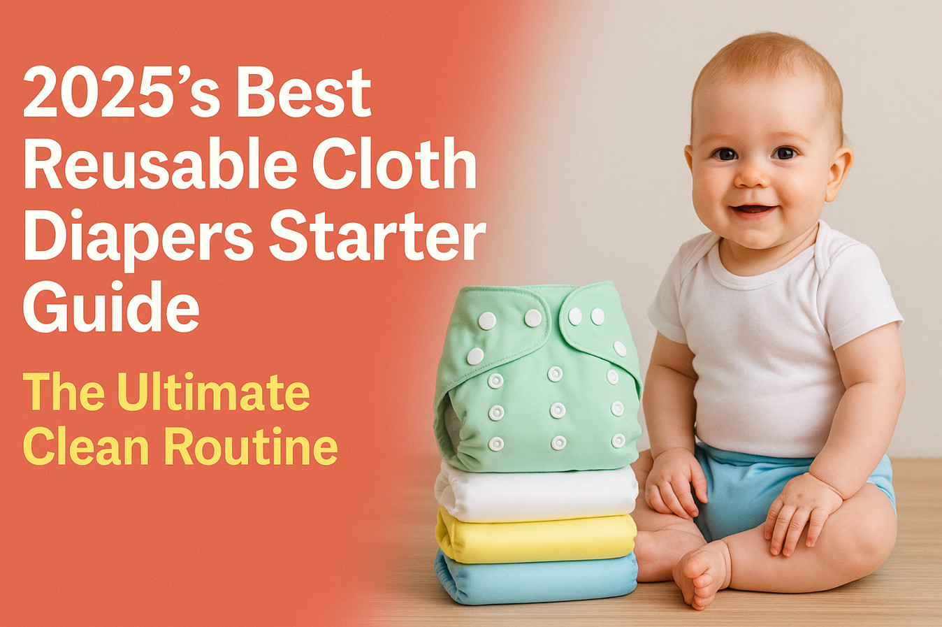 2025’s Best Reusable Cloth Diapers Starter Guide – A smiling baby sitting next to neatly stacked colorful reusable cloth diapers, illustrating a clean and eco-friendly diapering routine for new parents in 2025.