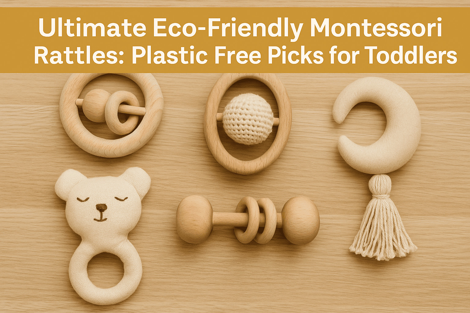 Ultimate Eco-Friendly Montessori rattles displayed on a wooden background, featuring natural wooden and fabric baby toys designed for toddlers, highlighting plastic-free, non-toxic, and sustainable Montessori options for eco-conscious parents in the USA.