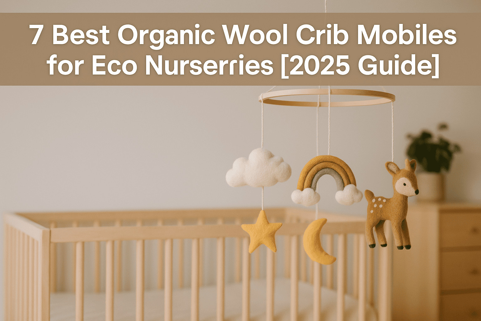 A cozy eco-friendly nursery featuring a natural wood crib and an organic wool mobile with felt stars, a cloud, a rainbow, a crescent moon, and a deer, visually illustrating the theme of "7 Best Organic Wool Crib Mobiles for Eco Nurseries [2025 Guide]".