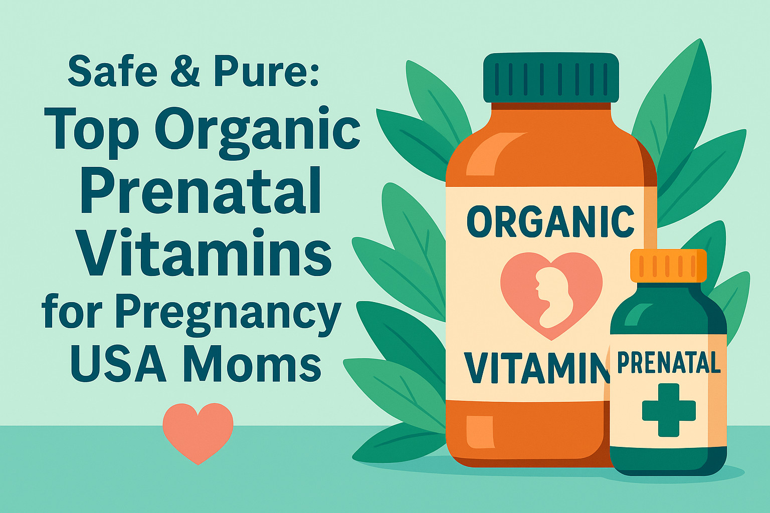 Wide rectangular featured image for Safe & Pure: Top Organic Prenatal Vitamins for Pregnancy USA Moms, with colorful flat vitamin bottles, green leaves, and bold headline