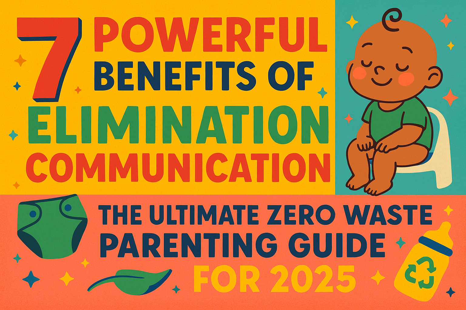 Colorful infographic banner showing "7 Powerful Benefits of Elimination Communication: The Ultimate Zero Waste Parenting Guide for 2025" with a happy baby on a potty, reusable diaper, and eco-friendly symbols. Perfect for zero waste parenting and elimination communication content.