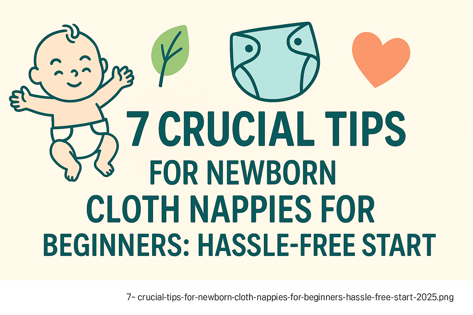 A bright and friendly horizontal banner featuring bold text "7 Crucial Tips for Newborn Cloth Nappies For Beginners: Hassle-Free Start!", with cute icons of a smiling baby, a cloth nappy, a green leaf, and a heart, representing eco-friendly baby care and sustainable parenting.