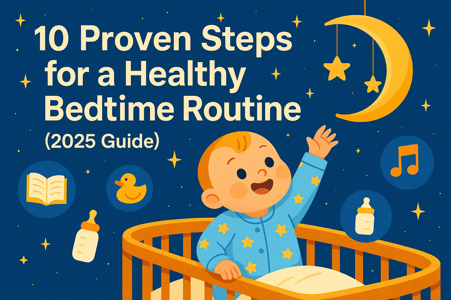 A smiling baby in star pajamas reaches for a crescent moon mobile in a cozy crib, surrounded by bedtime icons—storybook, rubber duck, bottle, lullaby note—set against a dreamy blue night sky with golden stars.