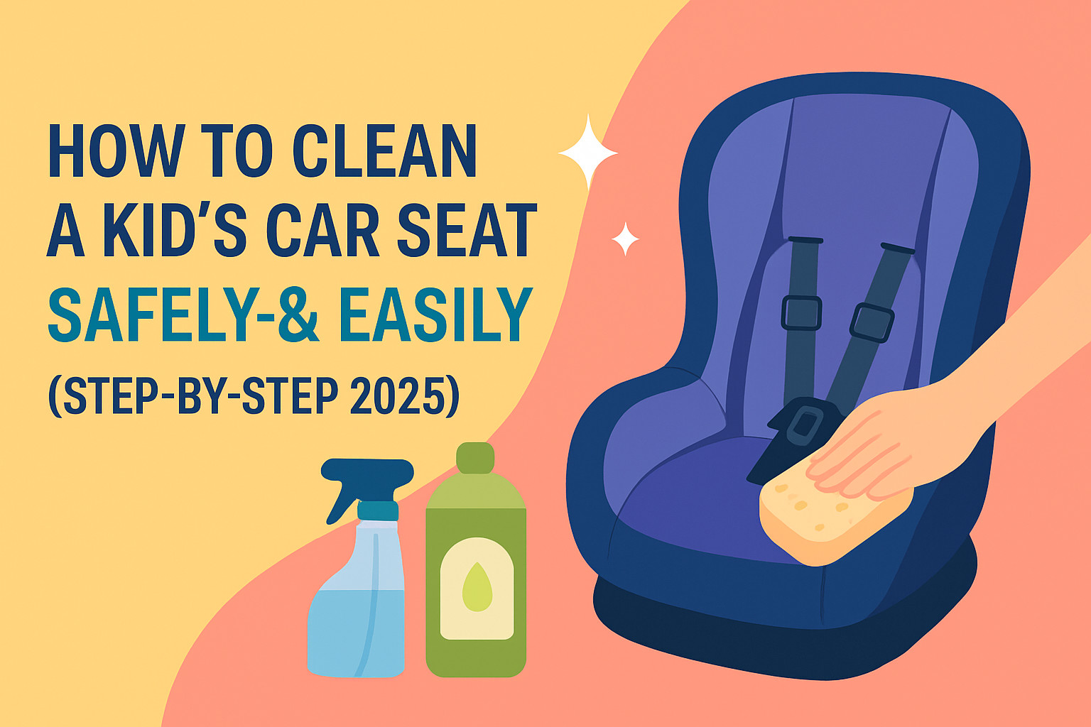 A superhero parent cleaning a kid’s car seat with the power of eco-friendly magic and a sponge—because every Cheerio counts!