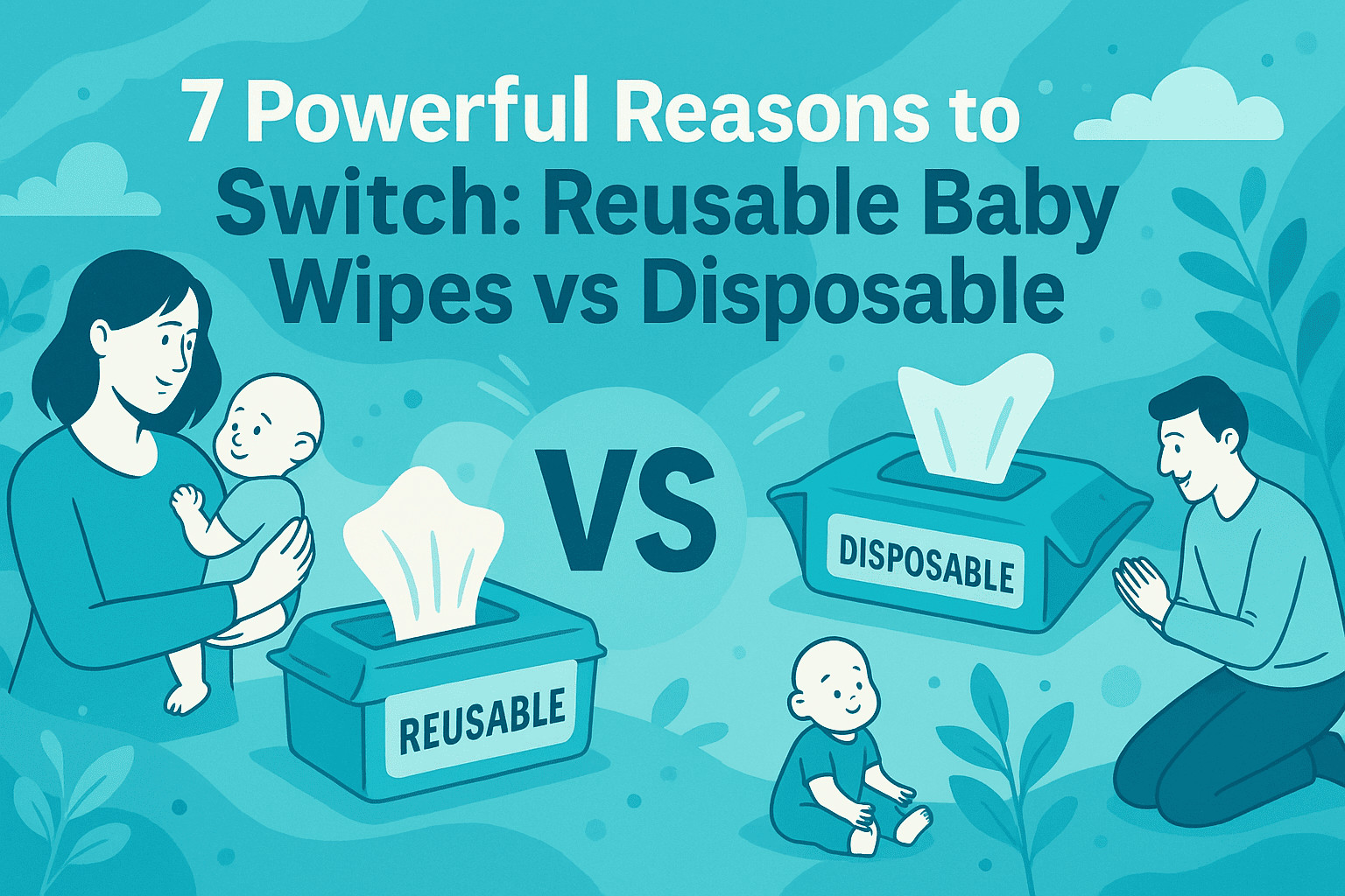 Infographic showing the comparison between reusable baby wipes and disposable wipes, featuring a mom and dad with babies, on a blue and turquoise landscape background. Ideal for zero waste parenting and eco-friendly baby care content in 2025.