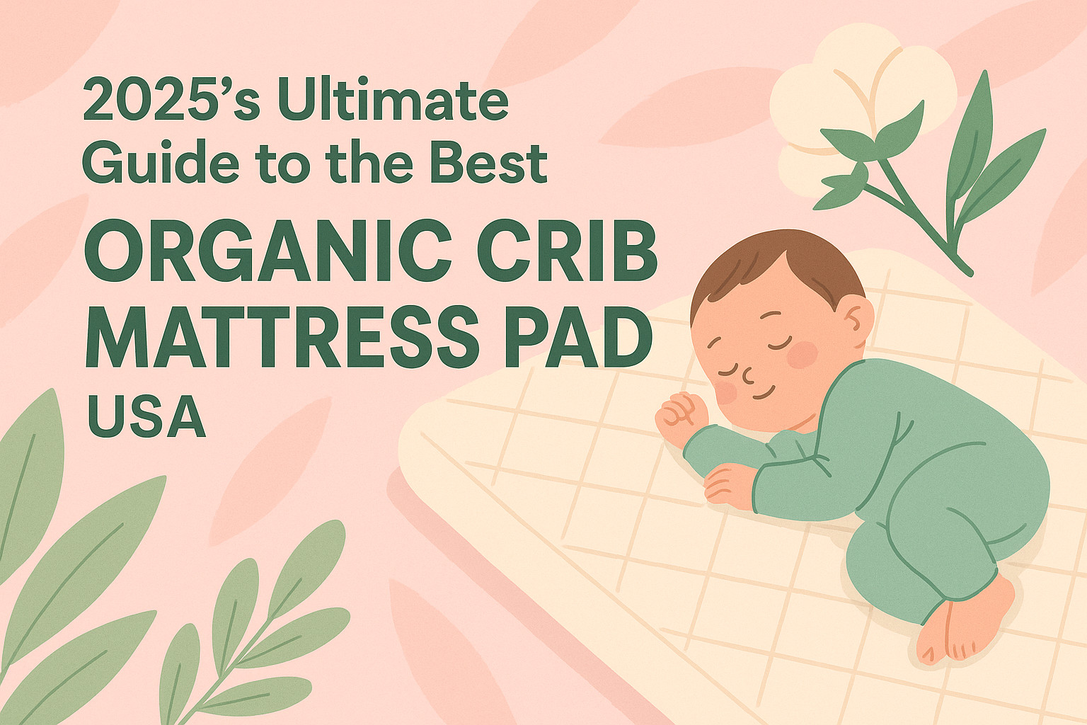 Baby sleeps soundly on a super-soft organic crib mattress pad while cotton plants and leaves cheer on the most eco-friendly sleep in the USA—2025 style!
