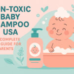 "Illustration of a happy baby in a bubble bath with a pink shampoo bottle, promoting the Non-Toxic Baby Shampoo USA – The Complete 2025 Guide for Parents, in soft pastel pink and turquoise tones."