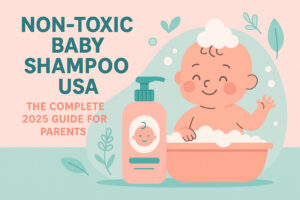 "Illustration of a happy baby in a bubble bath with a pink shampoo bottle, promoting the Non-Toxic Baby Shampoo USA – The Complete 2025 Guide for Parents, in soft pastel pink and turquoise tones."
