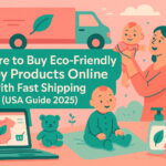 Happy parents unboxing eco-friendly baby products with lightning-fast shipping — because saving the planet should never take 3 weeks of waiting!
