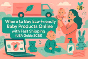 Happy parents unboxing eco-friendly baby products with lightning-fast shipping — because saving the planet should never take 3 weeks of waiting!