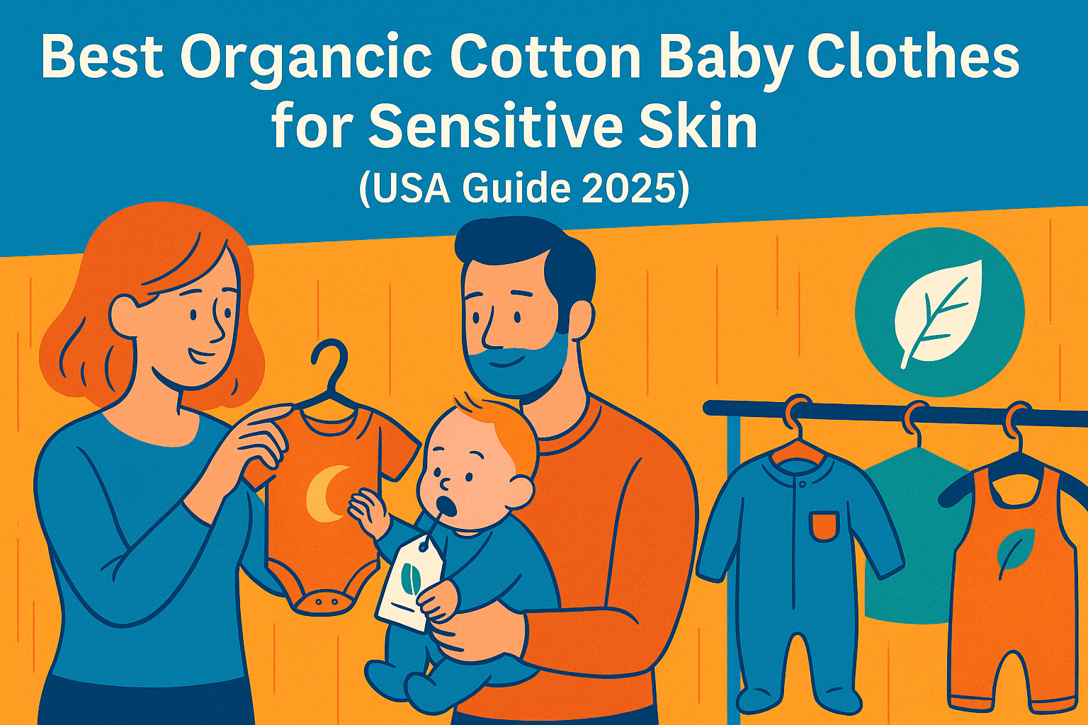 Happy parents showing off organic cotton baby clothes for sensitive skin — baby looks thrilled, mostly because the box was just as fun as the outfit.
