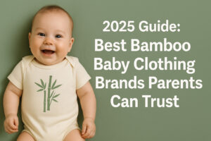 Smiling baby in a bamboo onesie with green bamboo design, sage green background, large white text reading “2025 Guide: Best Bamboo Baby Clothing Brands Parents Can Trust.”