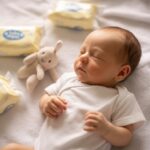 Eco friendly, non toxic baby wipes neatly arranged on a natural bamboo tray, with plants and baby toys in a bright USA nursery setting (2025).