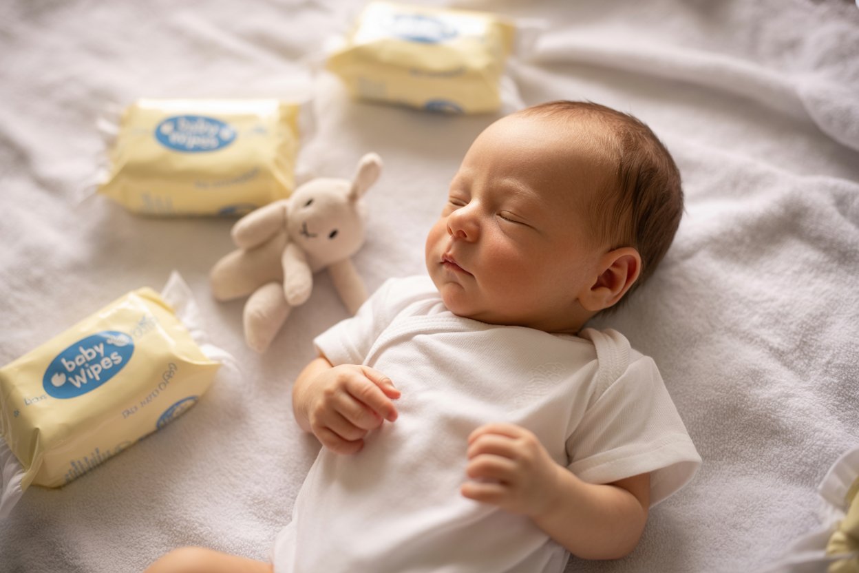 Eco friendly, non toxic baby wipes neatly arranged on a natural bamboo tray, with plants and baby toys in a bright USA nursery setting (2025).