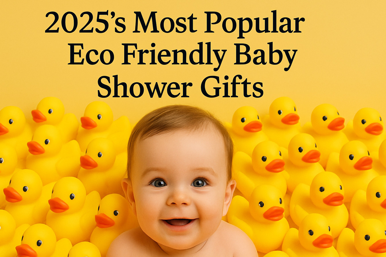 Smiling baby surrounded by dozens of yellow rubber ducks, highlighting eco friendly baby shower gifts for 2025 in a cheerful and playful setting.