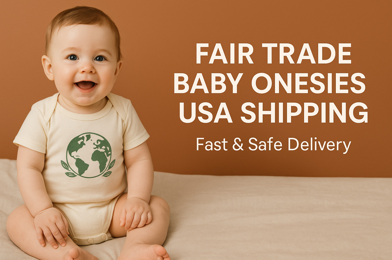 Fair Trade baby onesie with eco-friendly design, smiling baby, fast and safe USA shipping, sustainable ethical clothing.