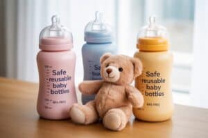 Baby bottles with "Safe reusable baby bottles" label, plush teddy bear, eco-friendly baby feeding accessories, sustainable baby products for healthy babies, environmentally conscious baby care items.