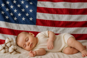 A peaceful baby dressed in a cream organic cotton bodysuit sleeps on a soft blanket, with the American flag as the backdrop and a cotton branch placed beside, symbolizing safe and sustainable organic cotton baby clothes made in the USA in 2025.