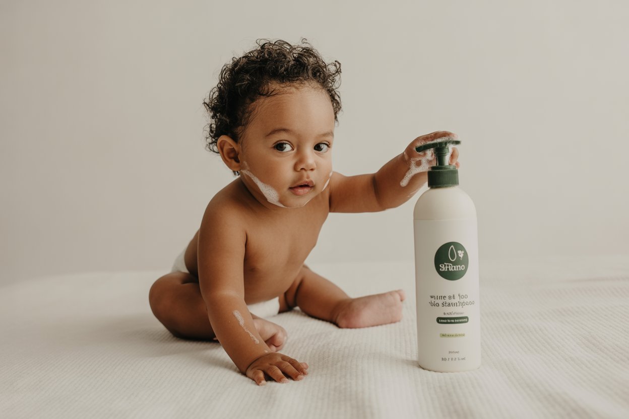 Plant based baby shampoo without fragrance in a clear bottle, surrounded by natural leaves and a baby towel, set in a sunlit American nursery (2025).