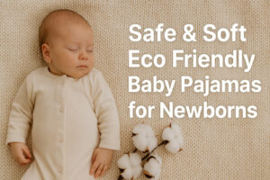 A newborn sleeps peacefully in soft, eco friendly, organic cotton pajamas on a textured cream blanket, with a cotton branch nearby, highlighting the safety and comfort of eco friendly baby pajamas for newborns in 2025.