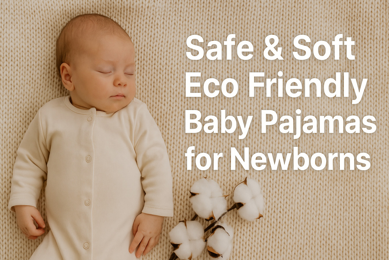 A newborn sleeps peacefully in soft, eco friendly, organic cotton pajamas on a textured cream blanket, with a cotton branch nearby, highlighting the safety and comfort of eco friendly baby pajamas for newborns in 2025.