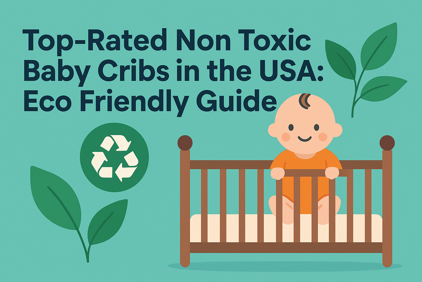 A smiling baby in a wooden, eco friendly crib with green leaves and a recycle symbol, illustrating a guide to the best non toxic baby cribs in the USA for 2025.