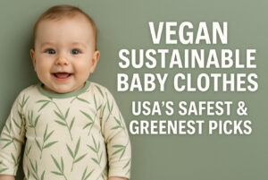 Smiling baby in a vegan, sustainable bamboo-print onesie on a sage background, with bold text reading “Vegan Sustainable Baby Clothes – USA’s Safest & Greenest Picks.”