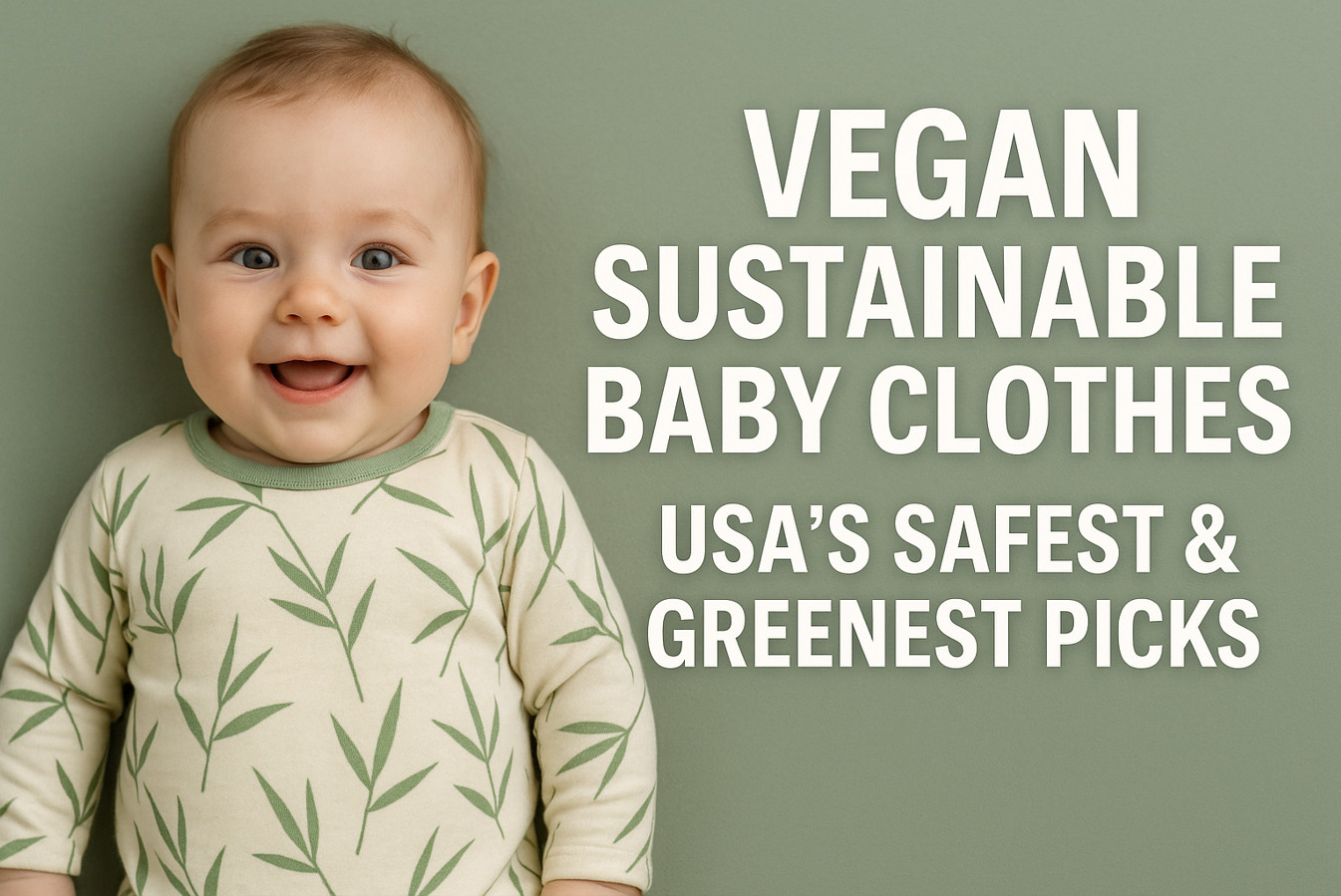 Smiling baby in a vegan, sustainable bamboo-print onesie on a sage background, with bold text reading “Vegan Sustainable Baby Clothes – USA’s Safest & Greenest Picks.”