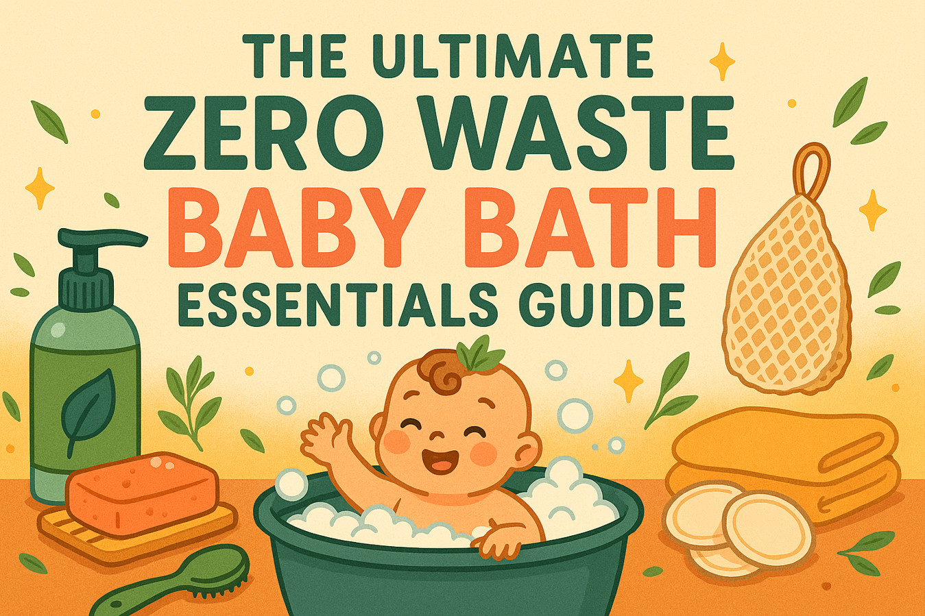 A colorful and vibrant horizontal cover image for the 2025 Ultimate Zero Waste Baby Bath Essentials Guide, featuring an eco-friendly baby bath scene with organic soaps, natural sponges, towels, and a happy baby in a tub.