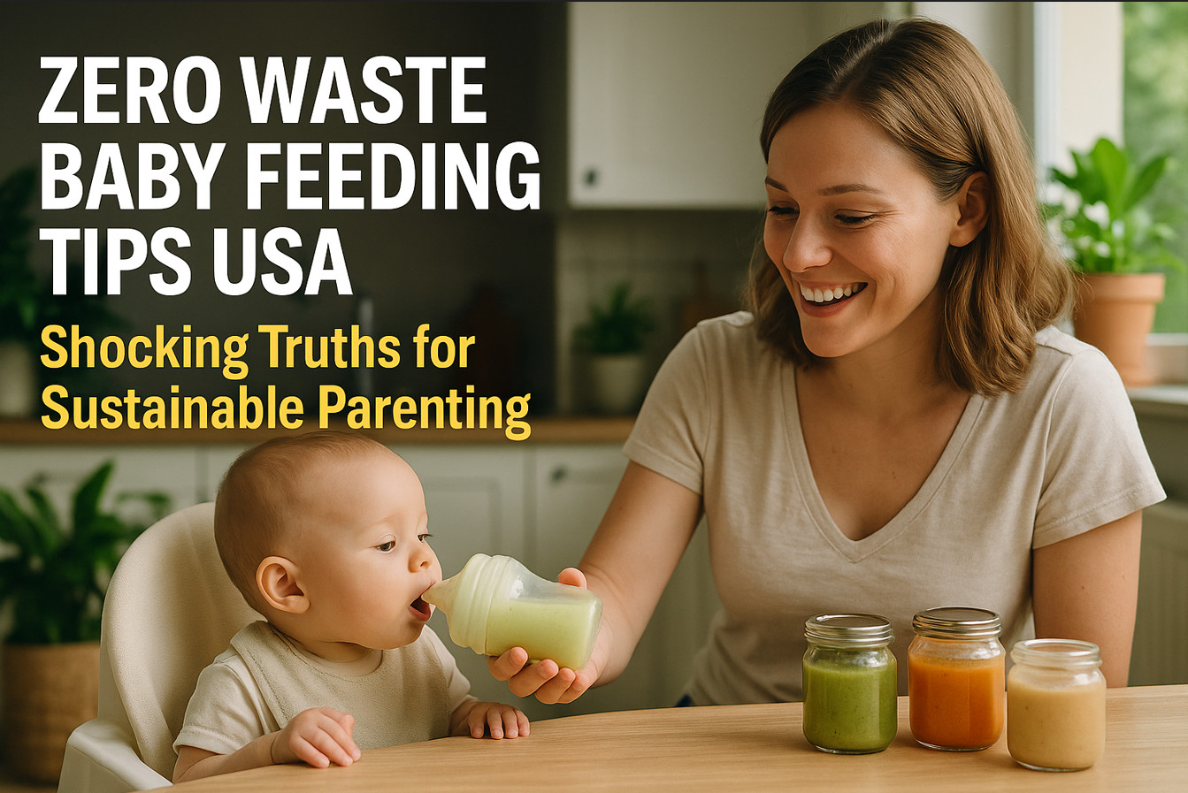 A happy American mom feeding her baby with a reusable bottle in a bright kitchen, surrounded by homemade baby food jars and green plants, illustrating zero waste baby feeding tips USA and sustainable parenting in 2025.
