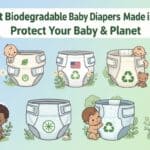 Recyclable baby diaper with green leaf icon, eco-friendly sustainable baby product, environmentally conscious diaper choice for healthy babies and planet protection.