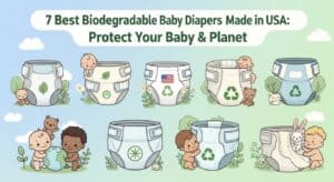 Recyclable baby diaper with green leaf icon, eco-friendly sustainable baby product, environmentally conscious diaper choice for healthy babies and planet protection.