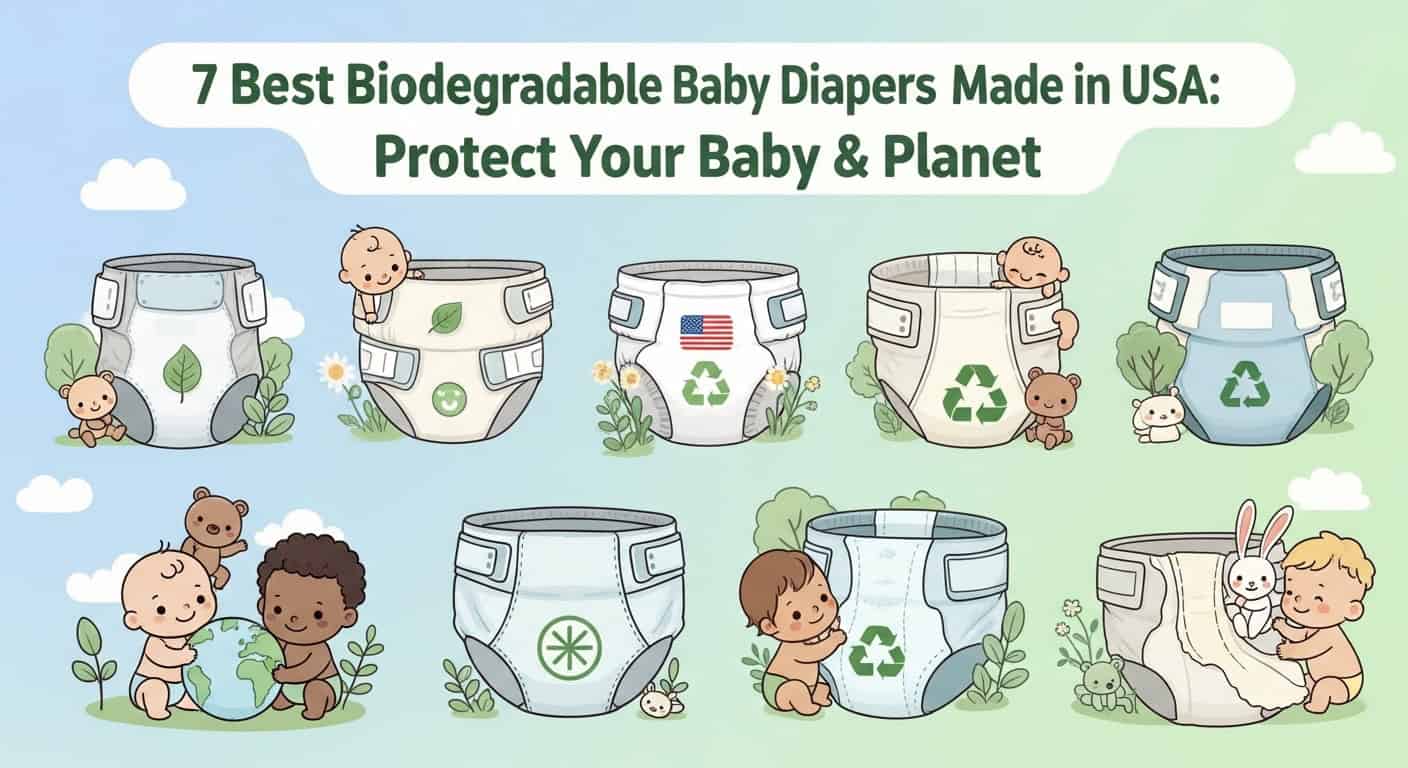 Recyclable baby diaper with green leaf icon, eco-friendly sustainable baby product, environmentally conscious diaper choice for healthy babies and planet protection.