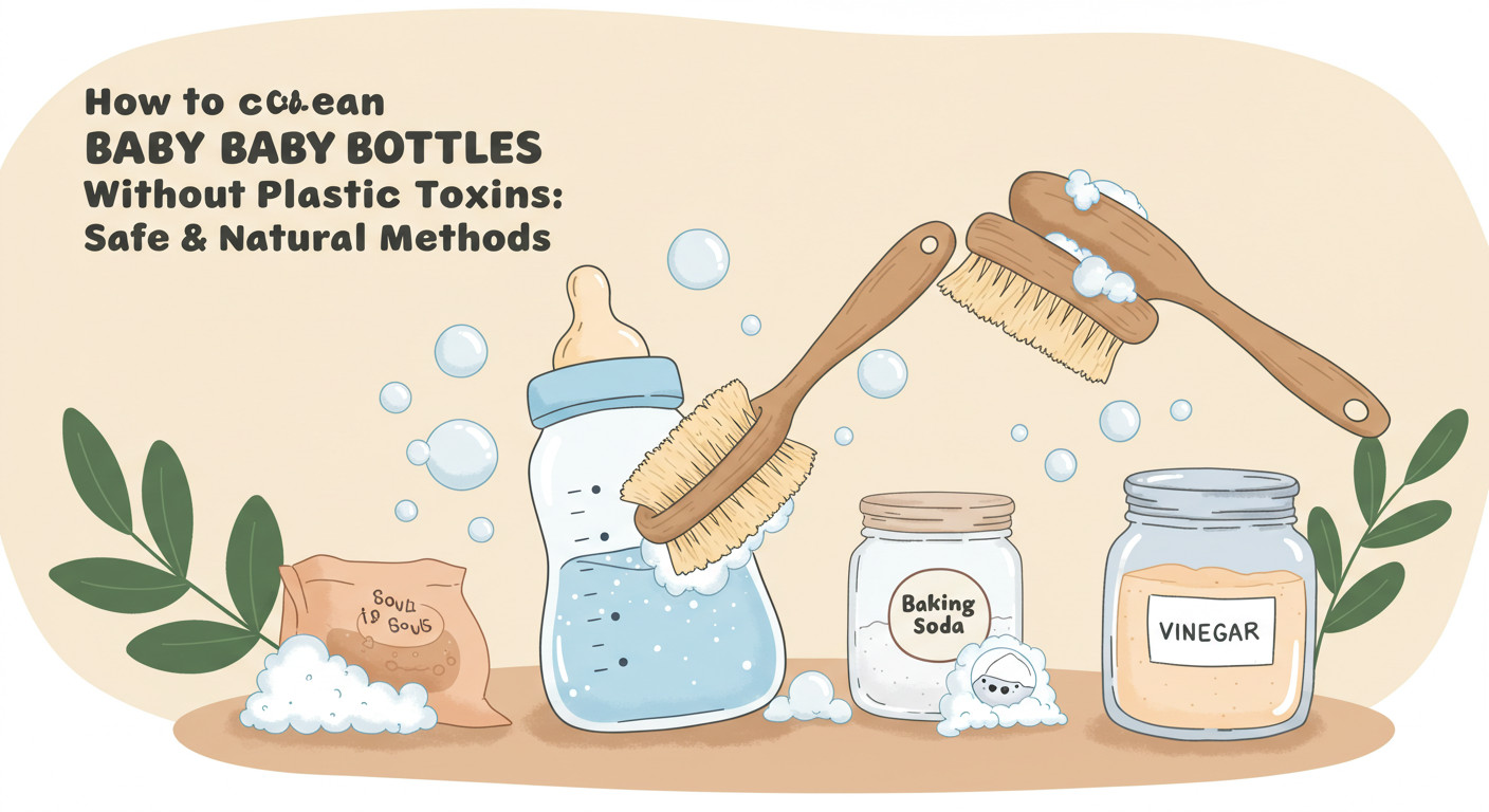 A happy baby bottle enjoying a bubble bath with baking soda and vinegar — toxin-free cleaning never looked so cute!